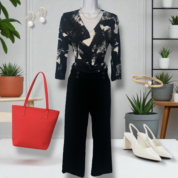 Roz & Ali High Waisted Pull On Black Stretchy Sailor Work/ Dress Pants, Size 6 - Picture 1 of 8